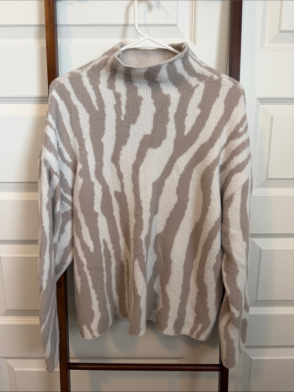 Express Zebra-Print Mock Neck Sweater in Taupe and Cream